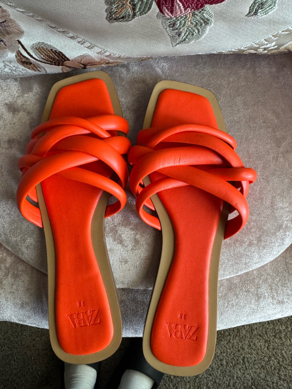 Zara Women's Orange Strappy Slide Sandals
